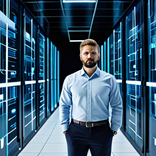 Home 6 A professional IT security expert, fully clothed in a business casual shirt and trousers, standing in a sleek, modern data center. Abstract digital lines and glowing nodes visually represent a complex containerized environment, with transparent overlays of financial graphs and puzzle pieces, symbolizing the challenges of accurately budgeting for container security. The scene is well-lit with cool blue and white tones. Correct proportions, well-formed hands, natural body proportions, perfect anatomy, natural pose, safe for work, appropriate content, fully clothed, professional, high quality, studio lighting.