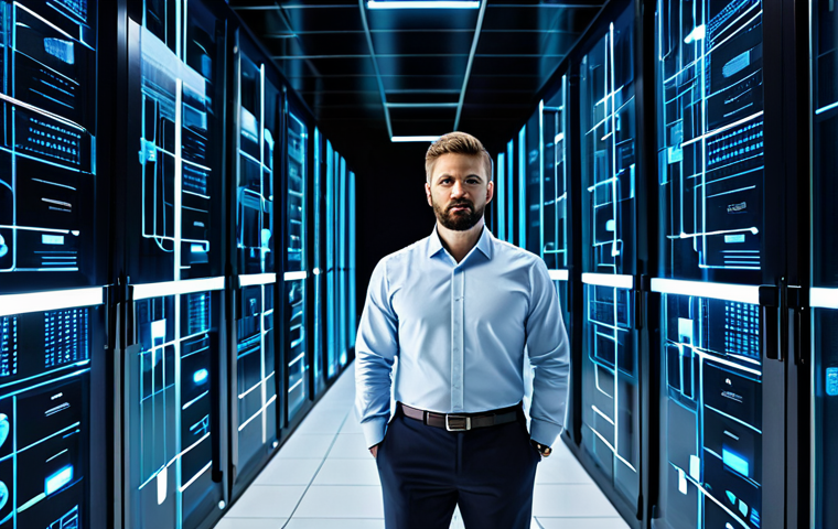 A professional IT security expert, fully clothed in a business casual shirt and trousers, standing in a sleek, modern data center. Abstract digital lines and glowing nodes visually represent a complex containerized environment, with transparent overlays of financial graphs and puzzle pieces, symbolizing the challenges of accurately budgeting for container security. The scene is well-lit with cool blue and white tones. Correct proportions, well-formed hands, natural body proportions, perfect anatomy, natural pose, safe for work, appropriate content, fully clothed, professional, high quality, studio lighting.