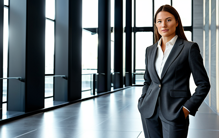 Business Professional**

"A professional businesswoman in a tailored, dark gray business suit, standing confidently in a modern Stockholm office building lobby, natural lighting, appropriate attire, fully clothed, safe for work, perfect anatomy, correct proportions, professional photography, high quality."

**