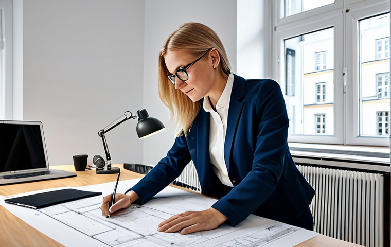** A fully clothed professional architect in a modern, brightly lit Stockholm office, reviewing blueprints at a large desk. Safe for work, appropriate content, perfect anatomy, correct proportions, natural pose, high resolution, family-friendly. She is wearing a stylish, modest blazer and comfortable shoes.

**
