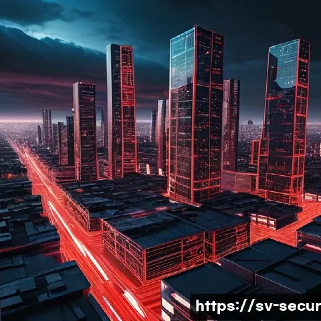 컨테이너 보안을 위한 실무 가이드 - **Prompt:** "A highly detailed, futuristic digital cityscape at dusk, representing a complex network...