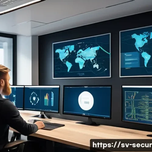 Home 11 컨테이너 보안 기술 지원 및 커뮤니티 링크 - A modern Scandinavian office environment with a diverse team of cybersecurity professionals analyzin...