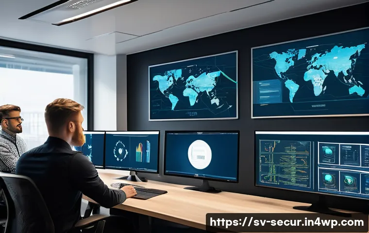컨테이너 보안 기술 지원 및 커뮤니티 링크 - A modern Scandinavian office environment with a diverse team of cybersecurity professionals analyzin...