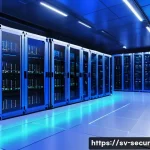 Home 16 시큐어 바이 디자인 컨테이너 보안의 시작 - A high-tech server room with rows of sleek black racks filled with containerized applications, illum...