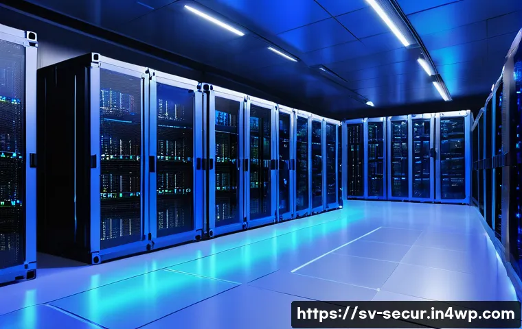 시큐어 바이 디자인 컨테이너 보안의 시작 - A high-tech server room with rows of sleek black racks filled with containerized applications, illum...